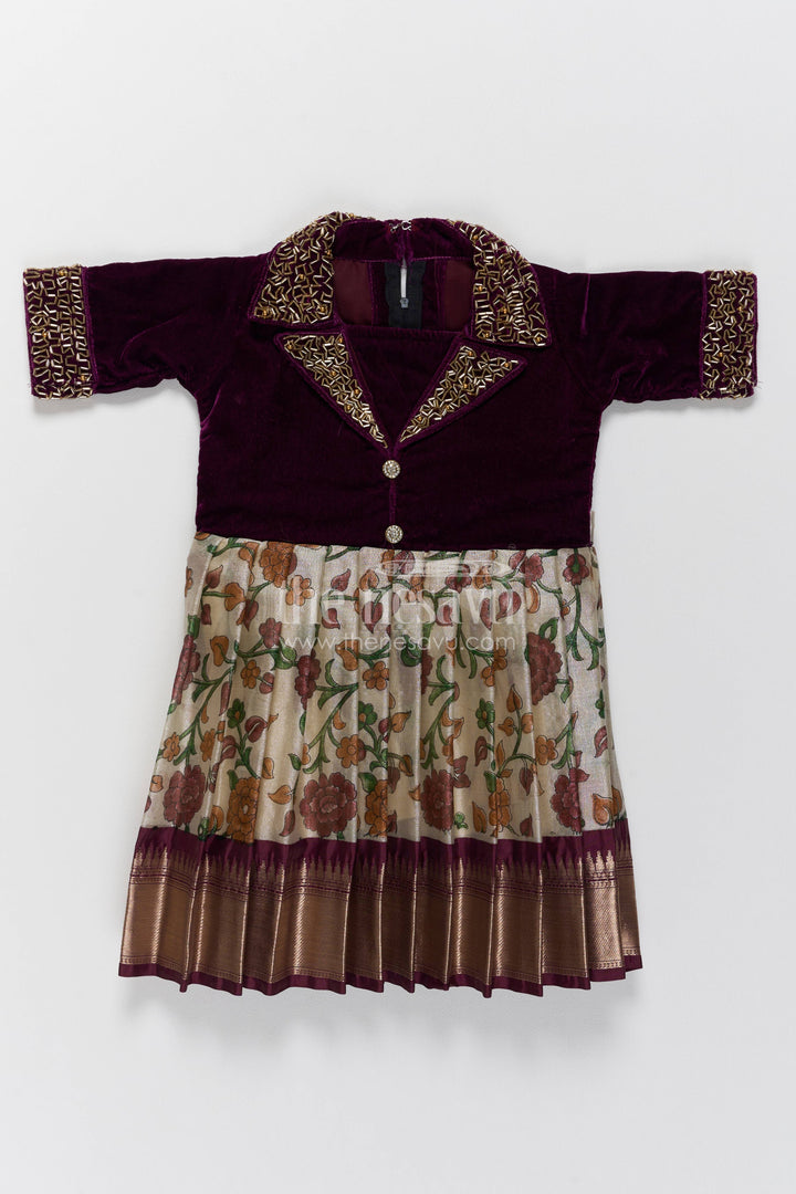 Girls Silk Party Frock in Purple with Thread Embroidery