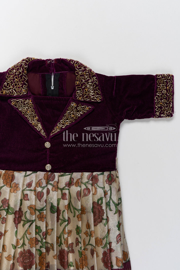 Girls Silk Party Frock in Purple with Thread Embroidery