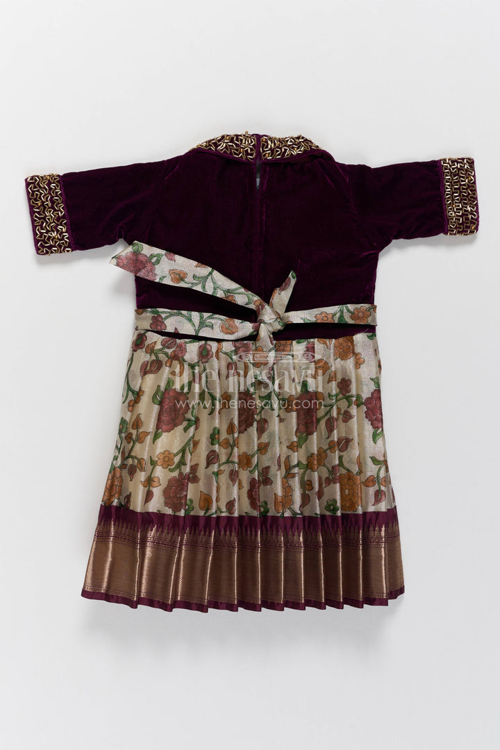 Girls Silk Party Frock in Purple with Thread Embroidery