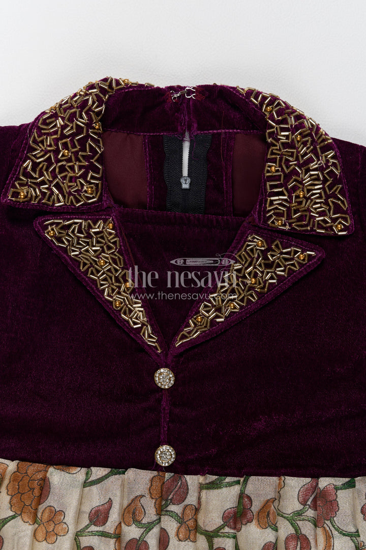 Girls Silk Party Frock in Purple with Thread Embroidery