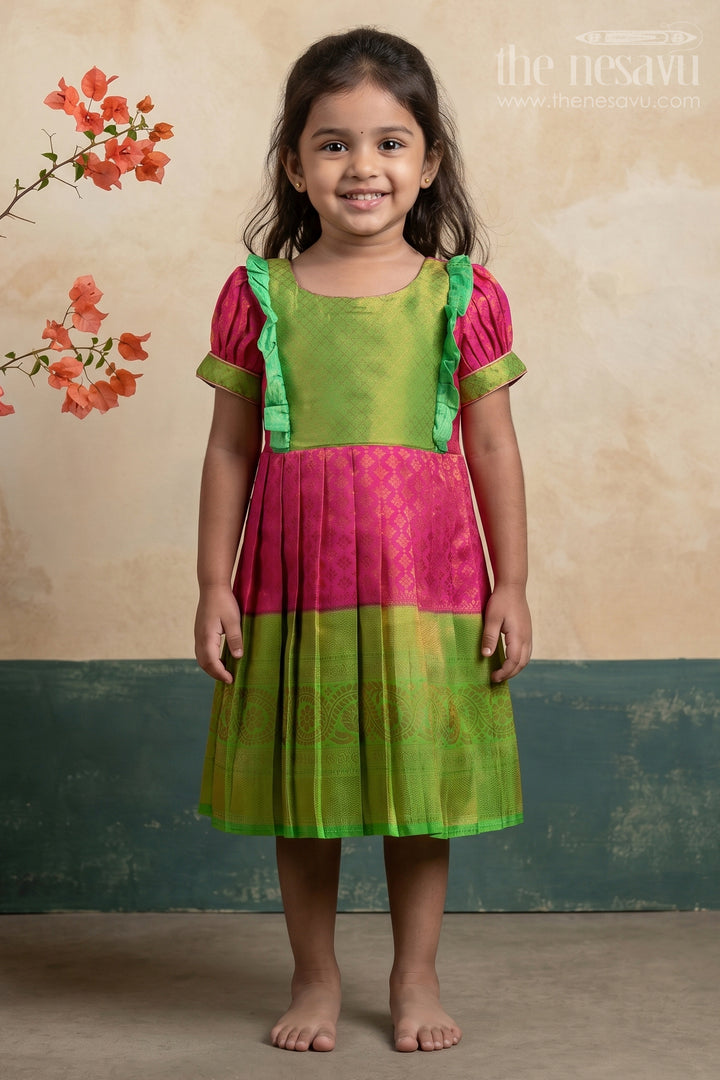 Pink with Parrot Green Light Weight Soft Banarasi Pattu / Silk Frock for Little Girls