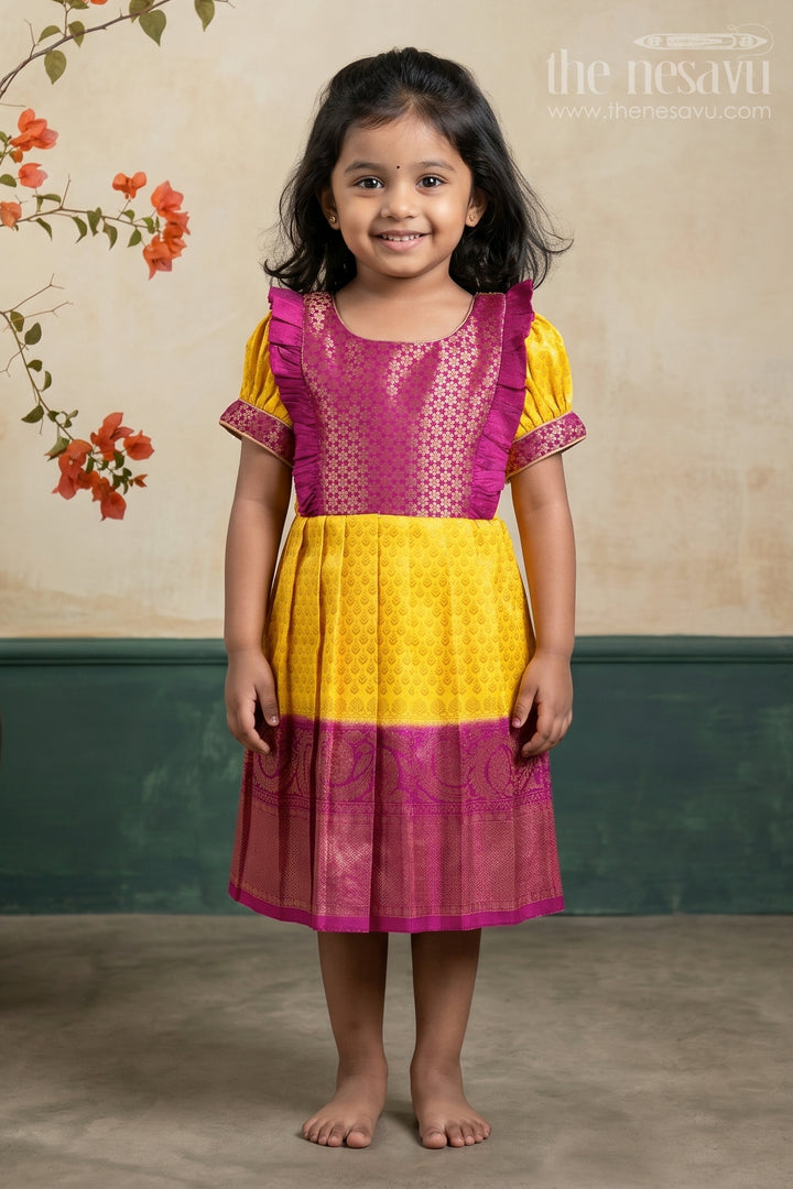 Mango Yellow with Deep Purple Semi Banarasi Silk / Pattu Frock for Kids Girls