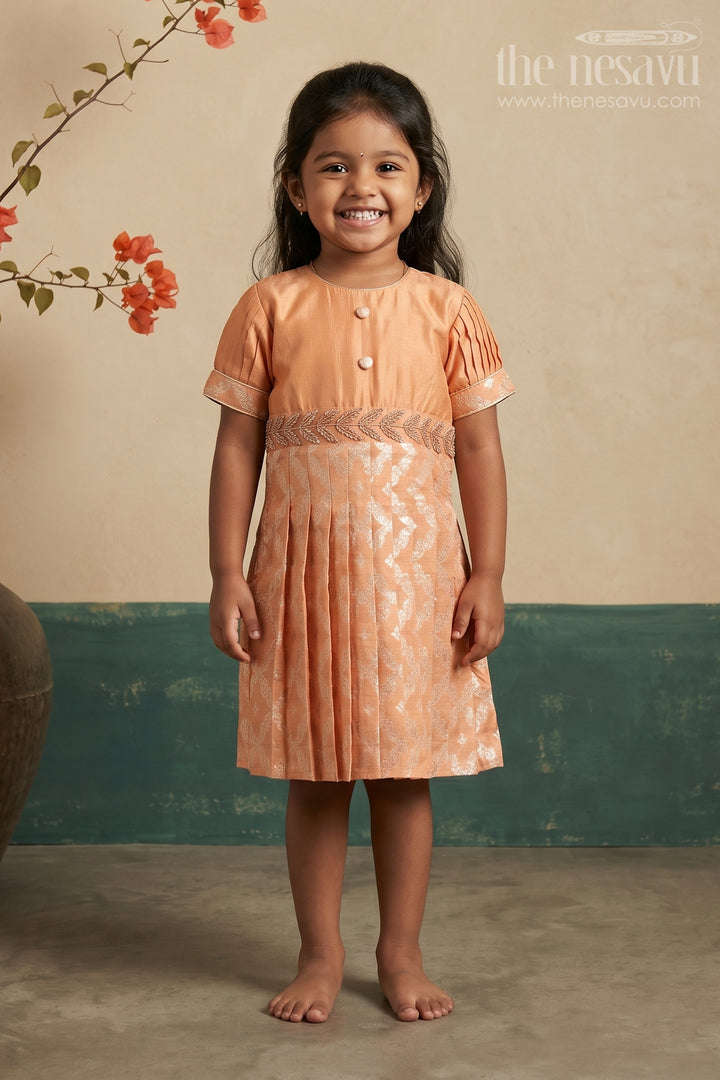 Salmon Colored Zari Embroidered Silk Frock with Pleated Sleeves