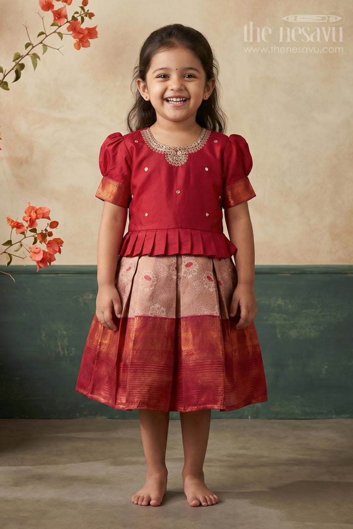 Regal Ruby Silk Frock with Embellished Golden Border for Girls