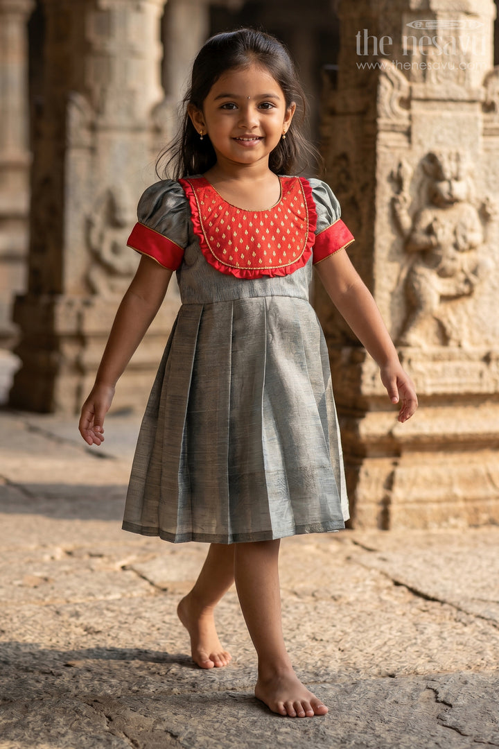 Adorable Grey and Red Pattu Pavadai Frock for Girls in Silver Tissue