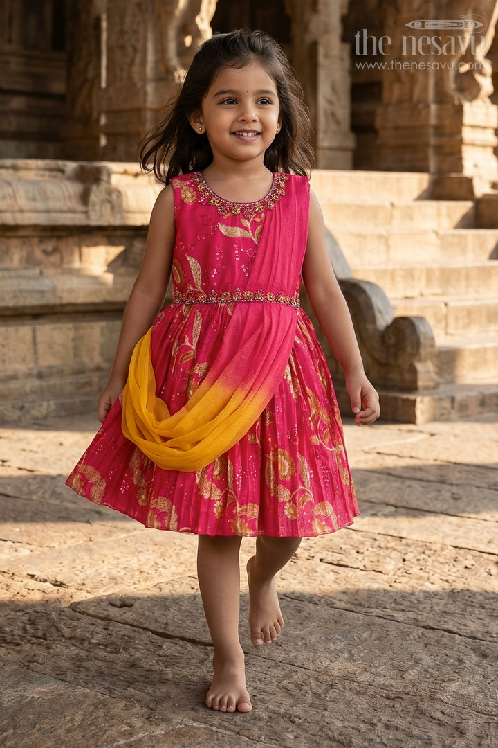 Girls Vibrant Pink and Yellow Silk Frock with Floral Embroidery