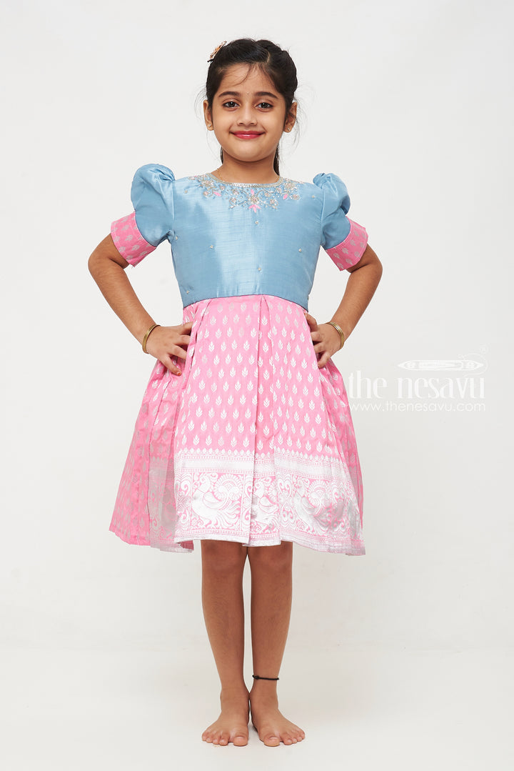 Girls Pink and Blue Silk Frock with Banarasi Motifs and Puff Sleeves in Traditional silky frock Appeal