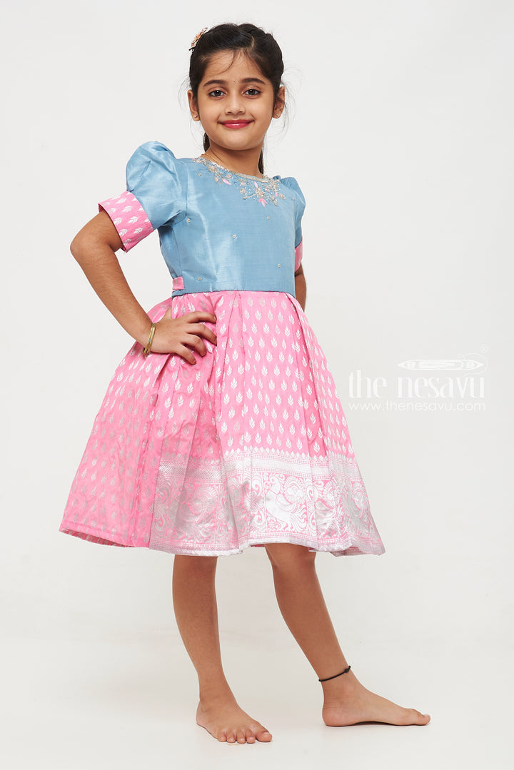 Girls Pink and Blue Silk Frock with Banarasi Motifs and Puff Sleeves in Traditional silky frock Appeal