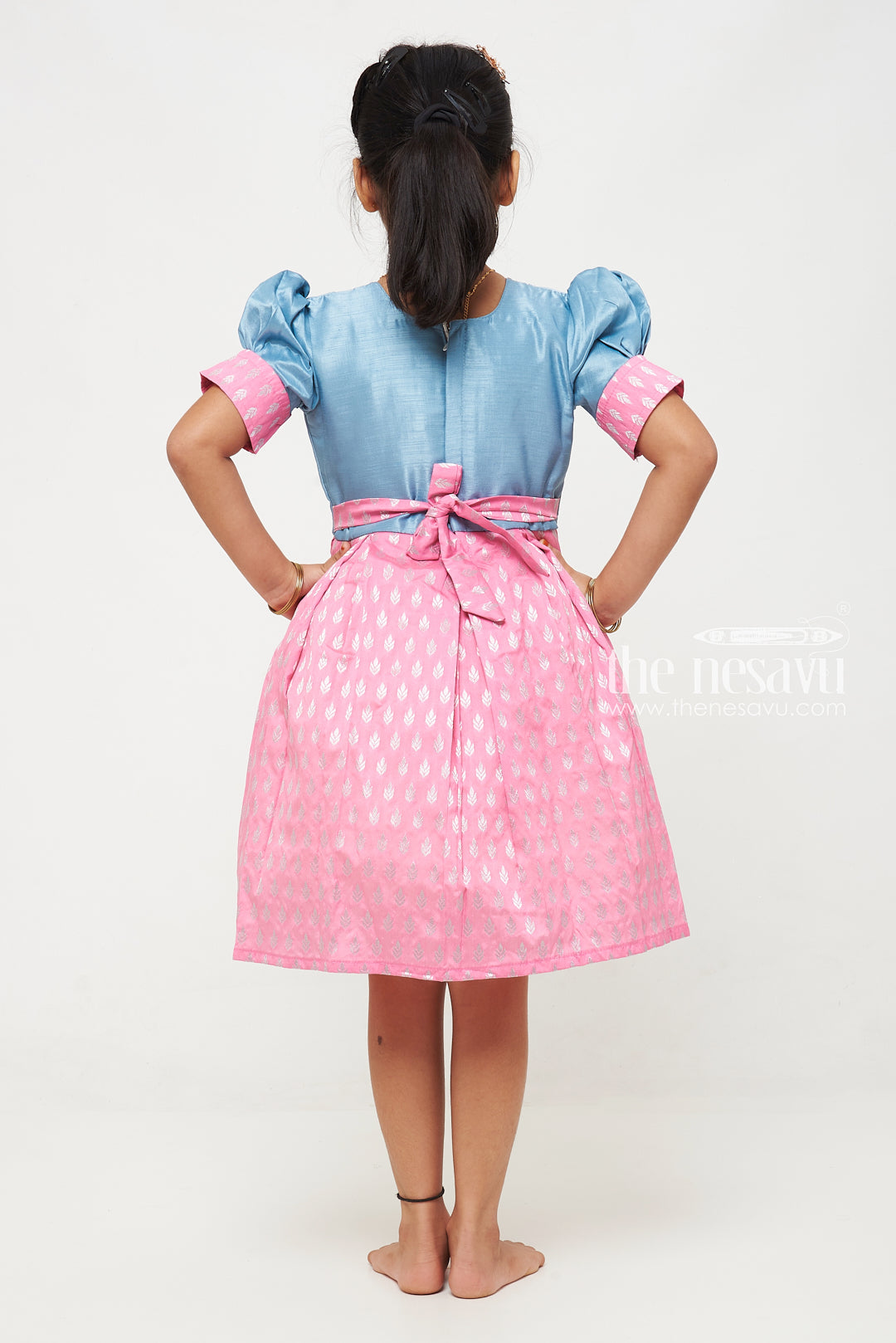 Girls Pink and Blue Silk Frock with Banarasi Motifs and Puff Sleeves in Traditional silky frock Appeal