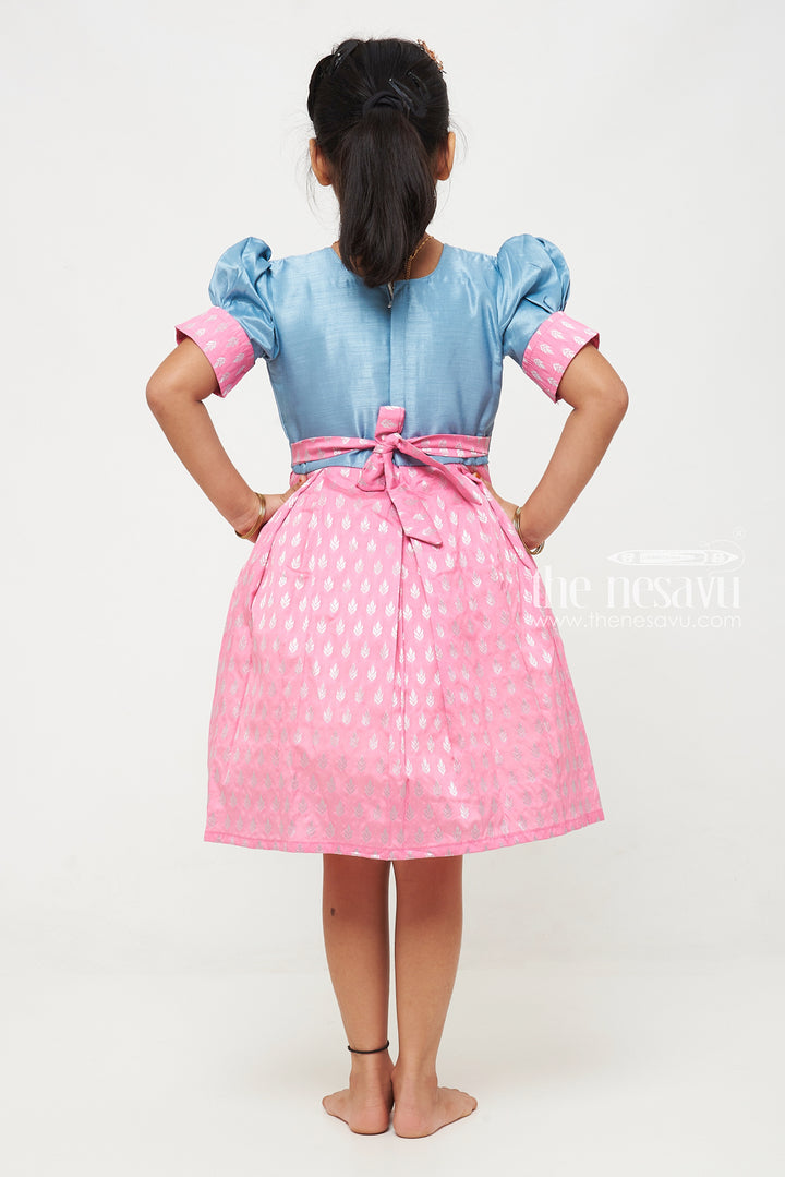 Girls Pink and Blue Silk Frock with Banarasi Motifs and Puff Sleeves in Traditional silky frock Appeal