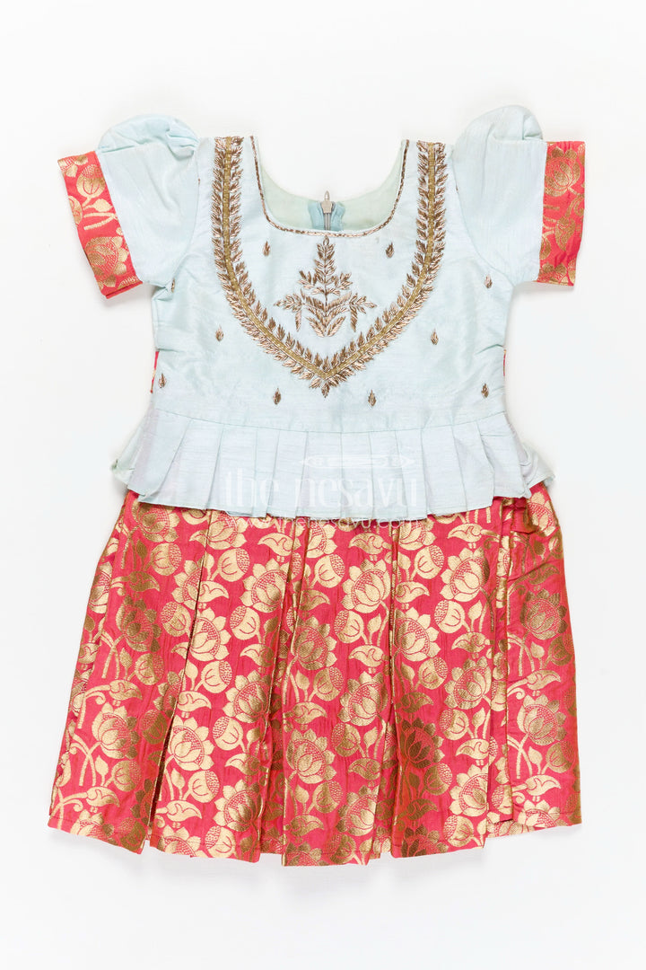 Girls Silk Frock in Light Blue with Banarasi Red Pleated Skirt Featuring Traditional frock design in silk