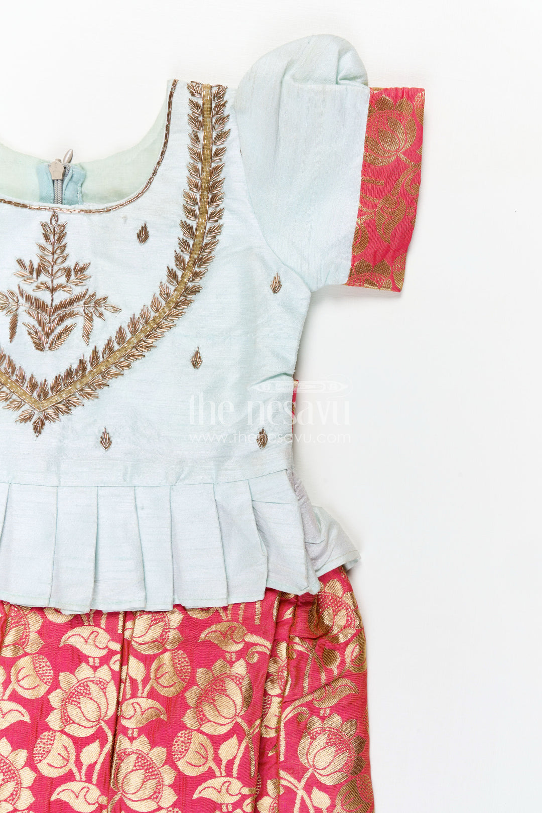 Girls Silk Frock in Light Blue with Banarasi Red Pleated Skirt Featuring Traditional frock design in silk