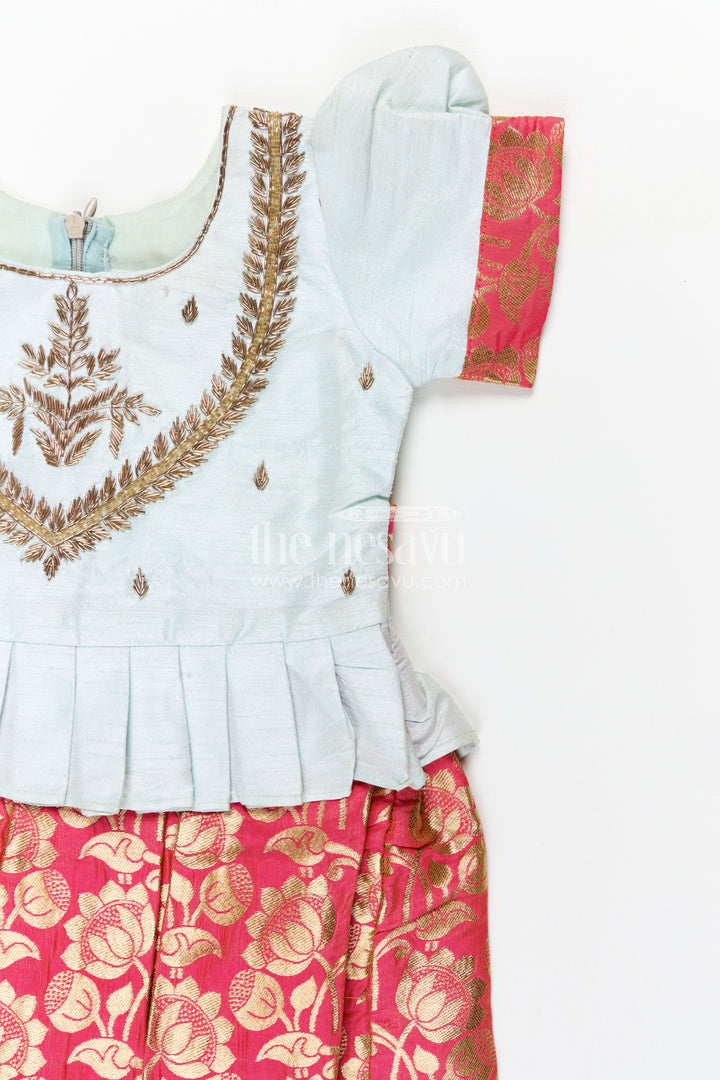 Girls Silk Frock in Light Blue with Banarasi Red Pleated Skirt Featuring Traditional frock design in silk