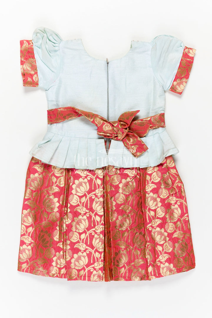 Girls Silk Frock in Light Blue with Banarasi Red Pleated Skirt Featuring Traditional frock design in silk