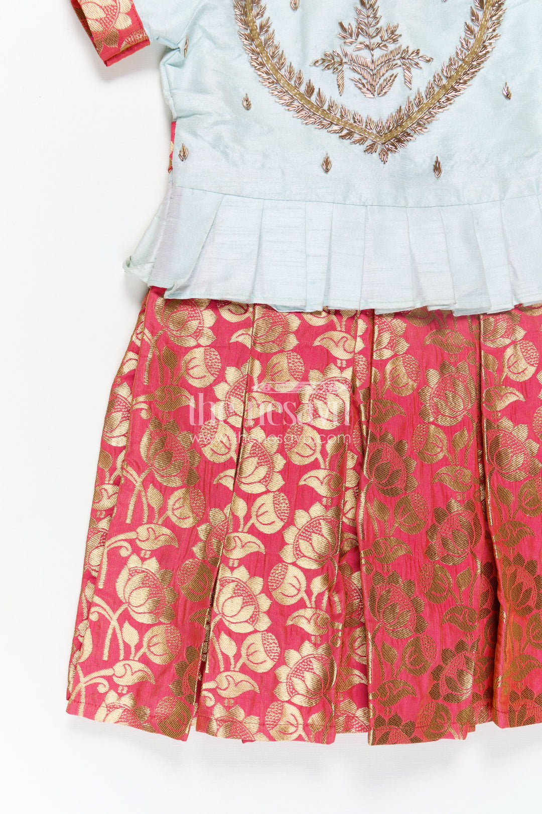 Girls Silk Frock in Light Blue with Banarasi Red Pleated Skirt Featuring Traditional frock design in silk