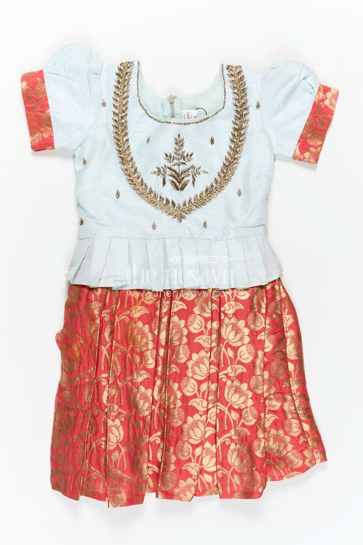 Girls Blue and Red Silk Frock with Embroidery and Golden Floral Pleats in new model pattu frock Style