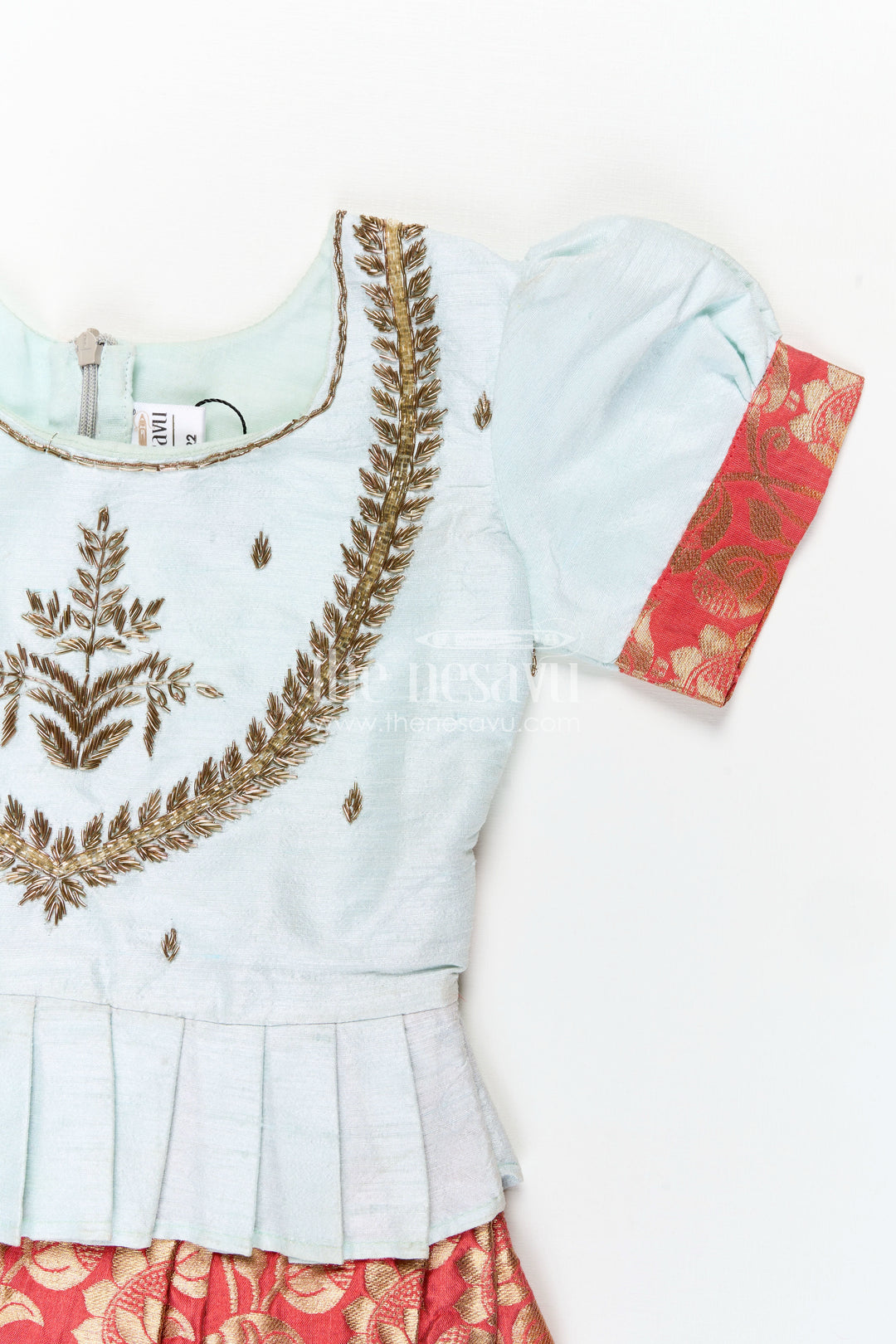 Girls Blue and Red Silk Frock with Embroidery and Golden Floral Pleats in new model pattu frock Style