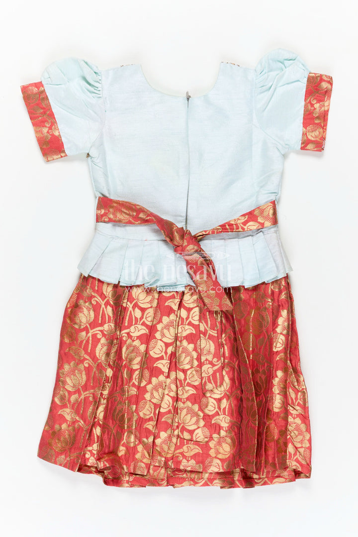 Girls Blue and Red Silk Frock with Embroidery and Golden Floral Pleats in new model pattu frock Style
