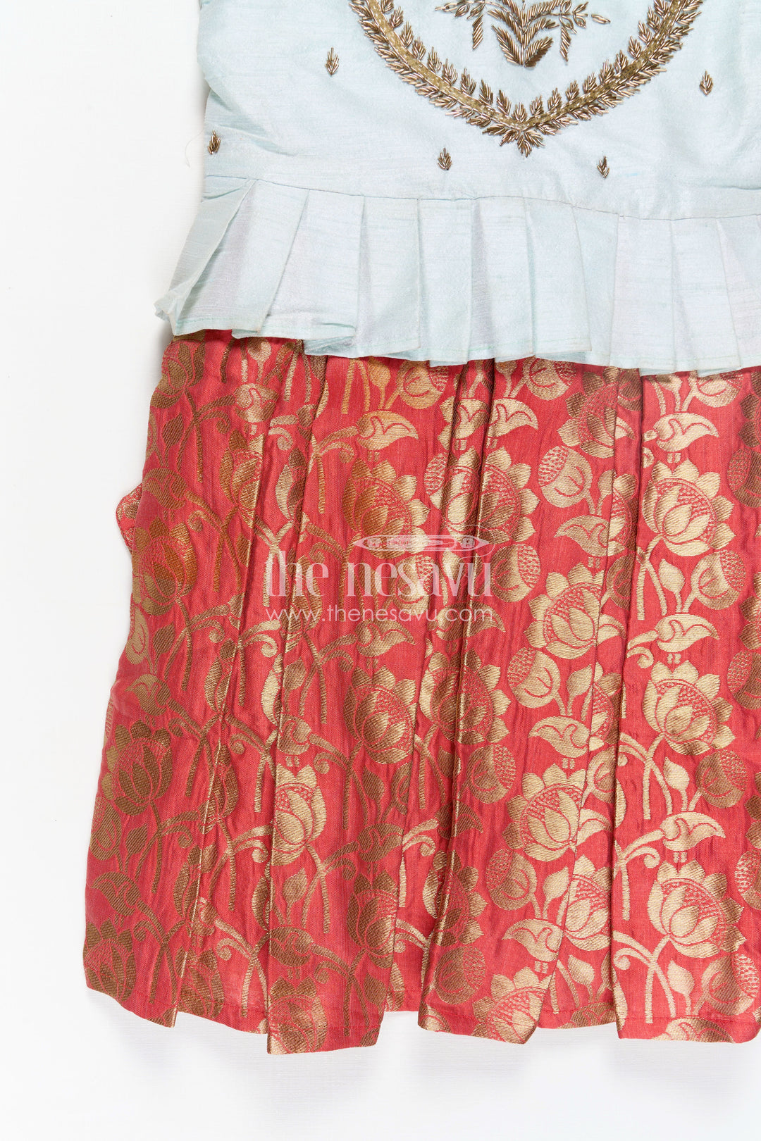 Girls Blue and Red Silk Frock with Embroidery and Golden Floral Pleats in new model pattu frock Style