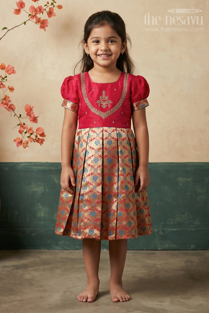Elegant Maroon and Gold Pattu Silk Frock: Intricate Gold Embroidery with Floral Banarasi Design for Girls