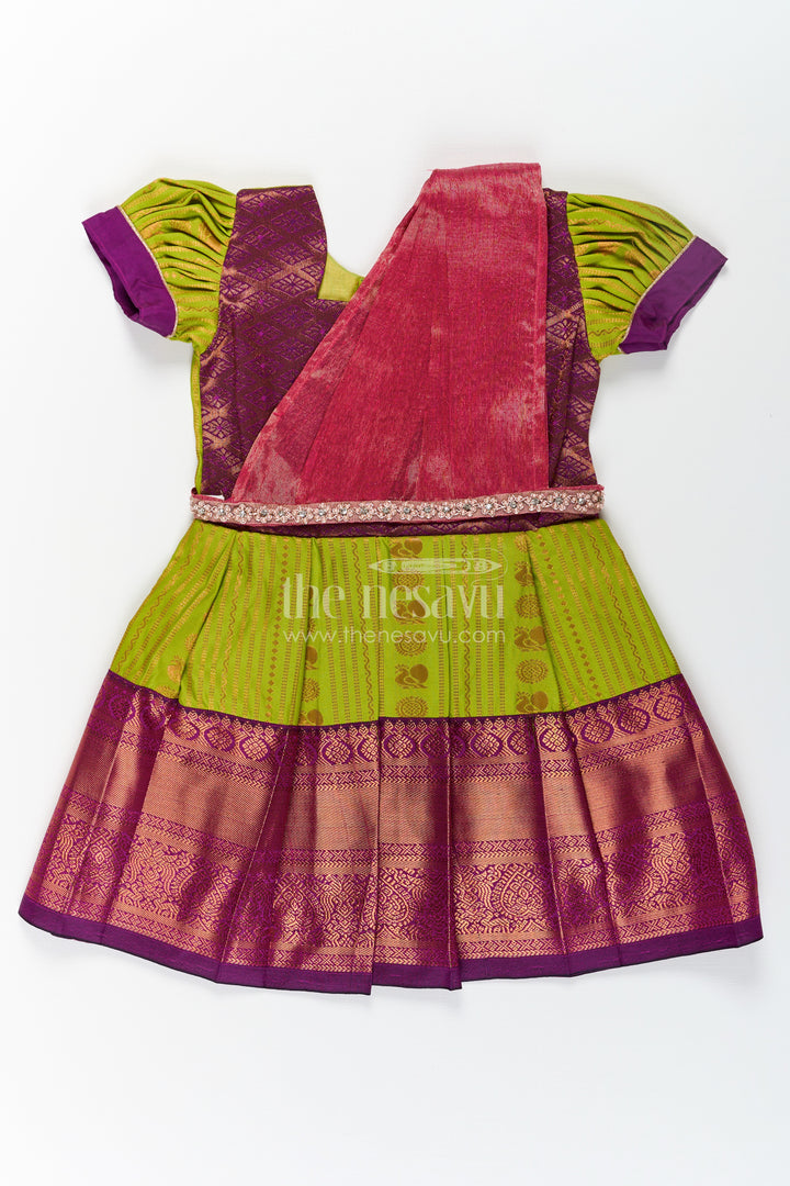 Girls Maroon Silk Dress with Semi Kanchivaram Weave and Stone Lace Embellished Dupatta