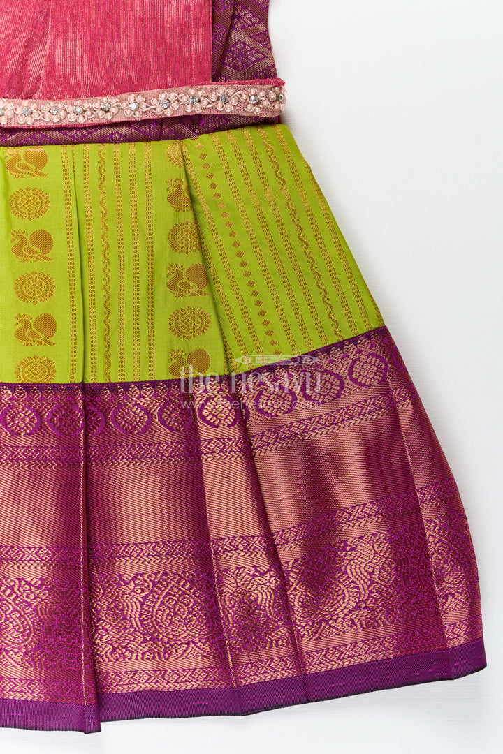 Girls Maroon Silk Dress with Semi Kanchivaram Weave and Stone Lace Embellished Dupatta