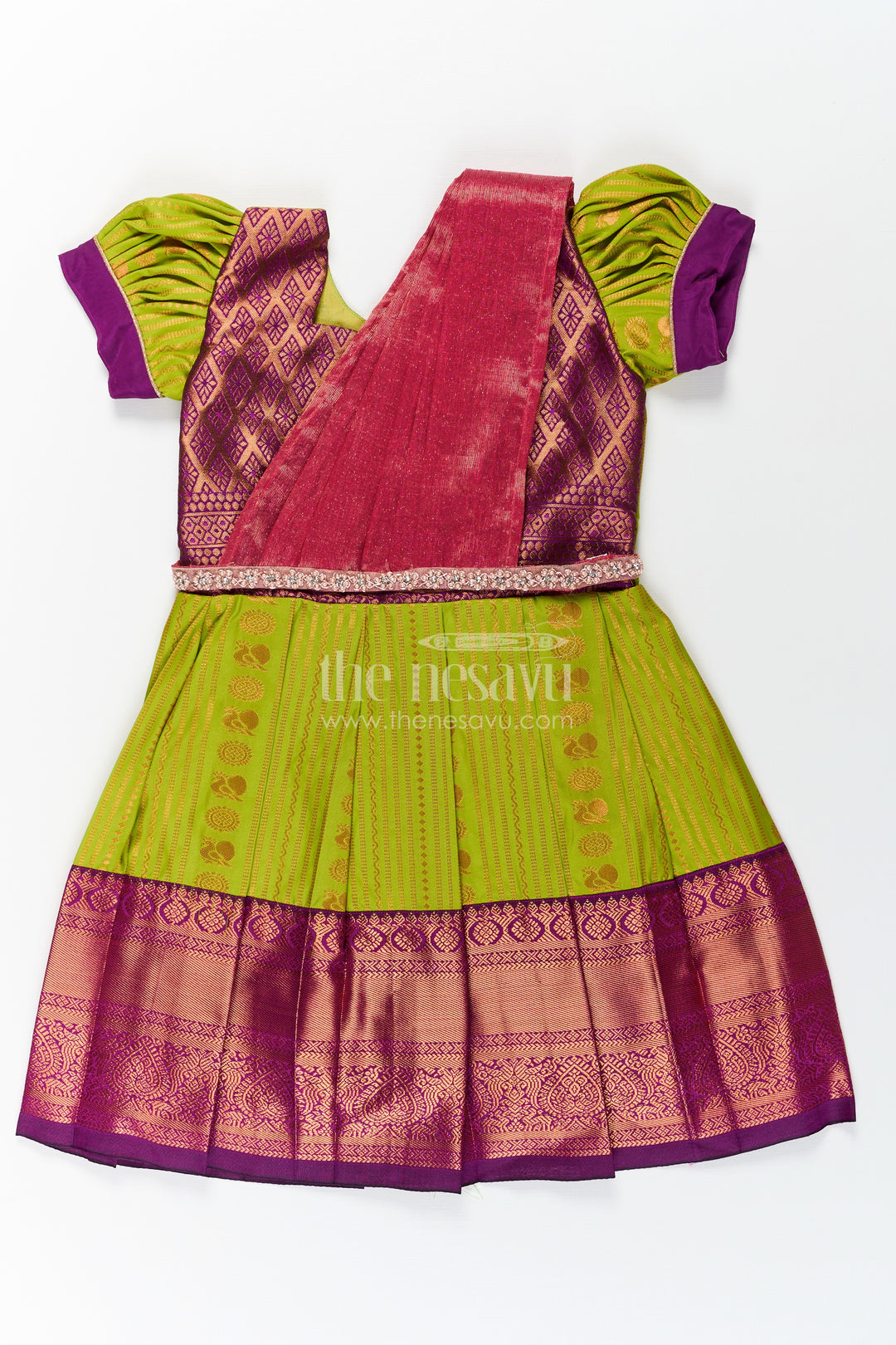 Girls Maroon Silk Dress with Semi Kanchivaram Weave and Stone Lace Embellished Dupatta