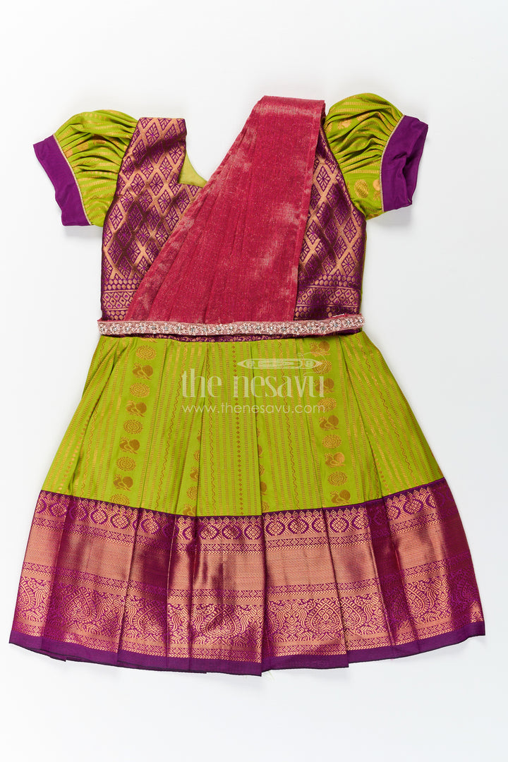 Girls Maroon Silk Dress with Semi Kanchivaram Weave and Stone Lace Embellished Dupatta