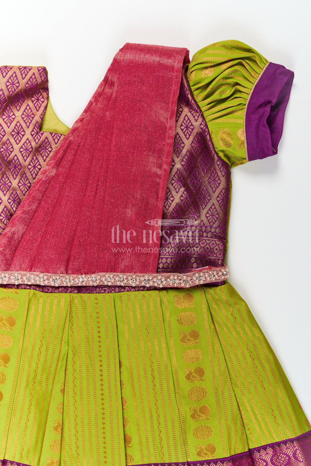 Girls Maroon Silk Dress with Semi Kanchivaram Weave and Stone Lace Embellished Dupatta