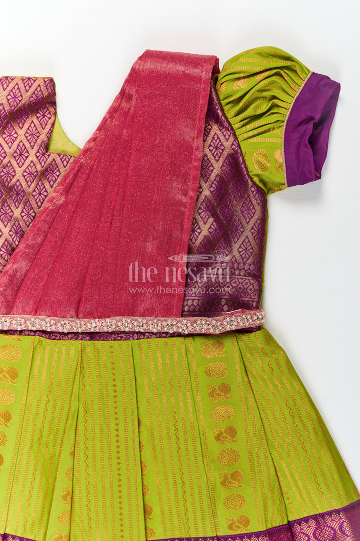Girls Maroon Silk Dress with Semi Kanchivaram Weave and Stone Lace Embellished Dupatta