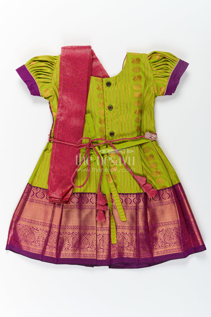 Girls Maroon Silk Dress with Semi Kanchivaram Weave and Stone Lace Embellished Dupatta