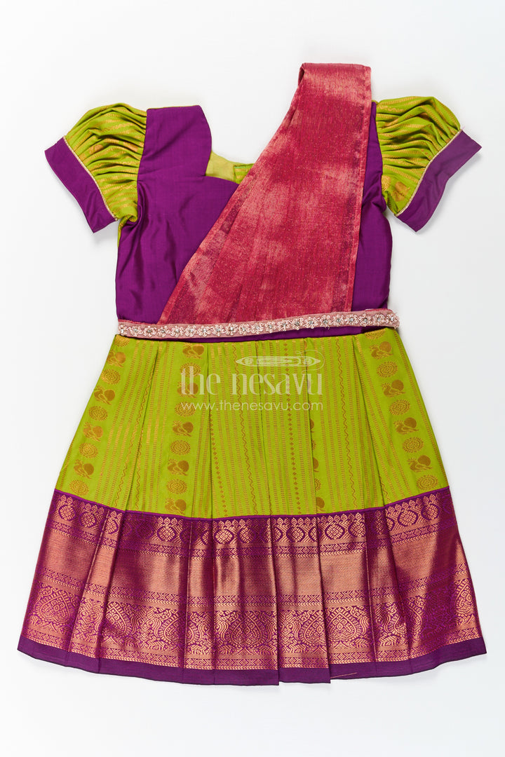 Girls Maroon Silk Dress with Semi Kanchivaram Weave and Stone Lace Embellished Dupatta