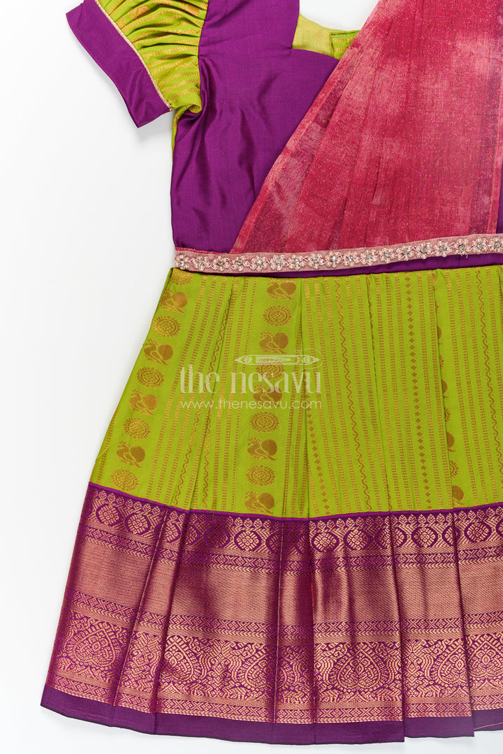 Girls Maroon Silk Dress with Semi Kanchivaram Weave and Stone Lace Embellished Dupatta