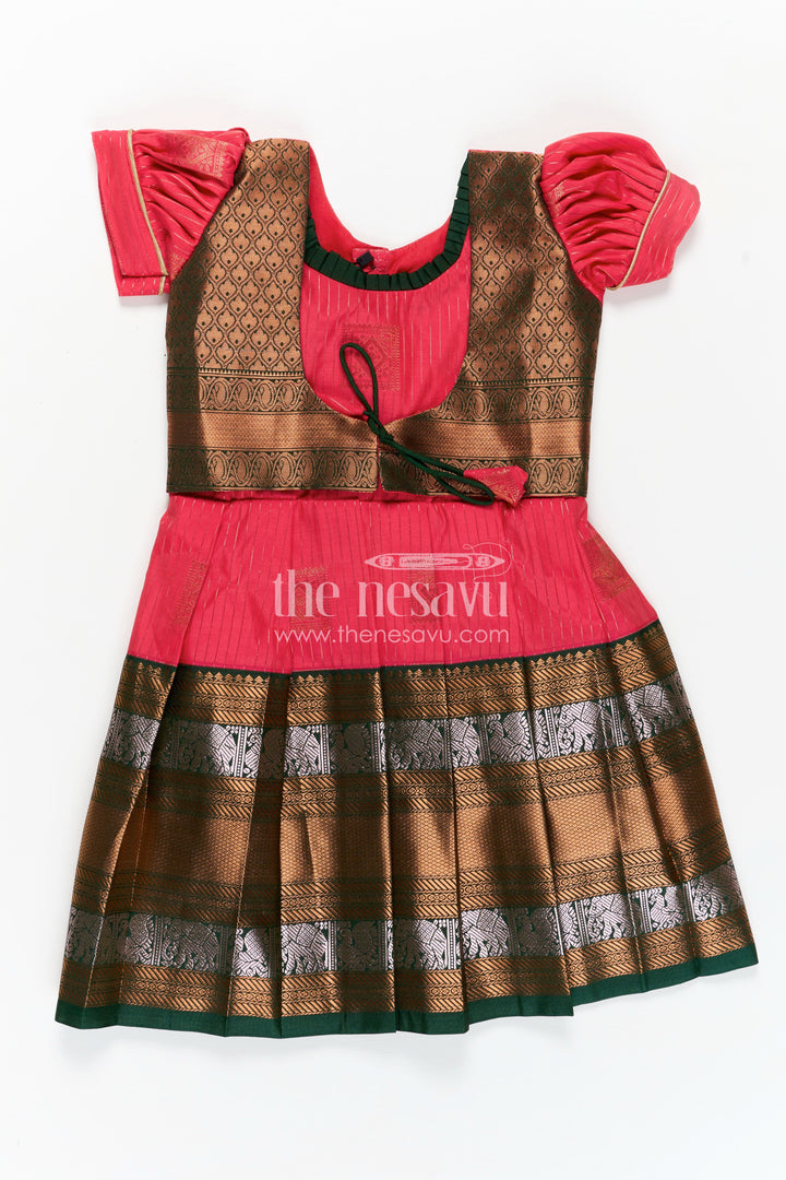 Pink Silk Kanchi Style Frock for Girls with Traditional Borders and Puff Sleeves
