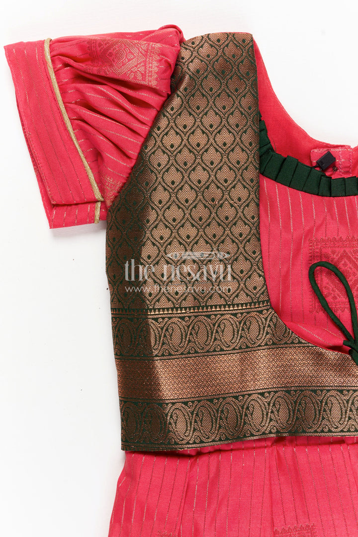 Pink Silk Kanchi Style Frock for Girls with Traditional Borders and Puff Sleeves