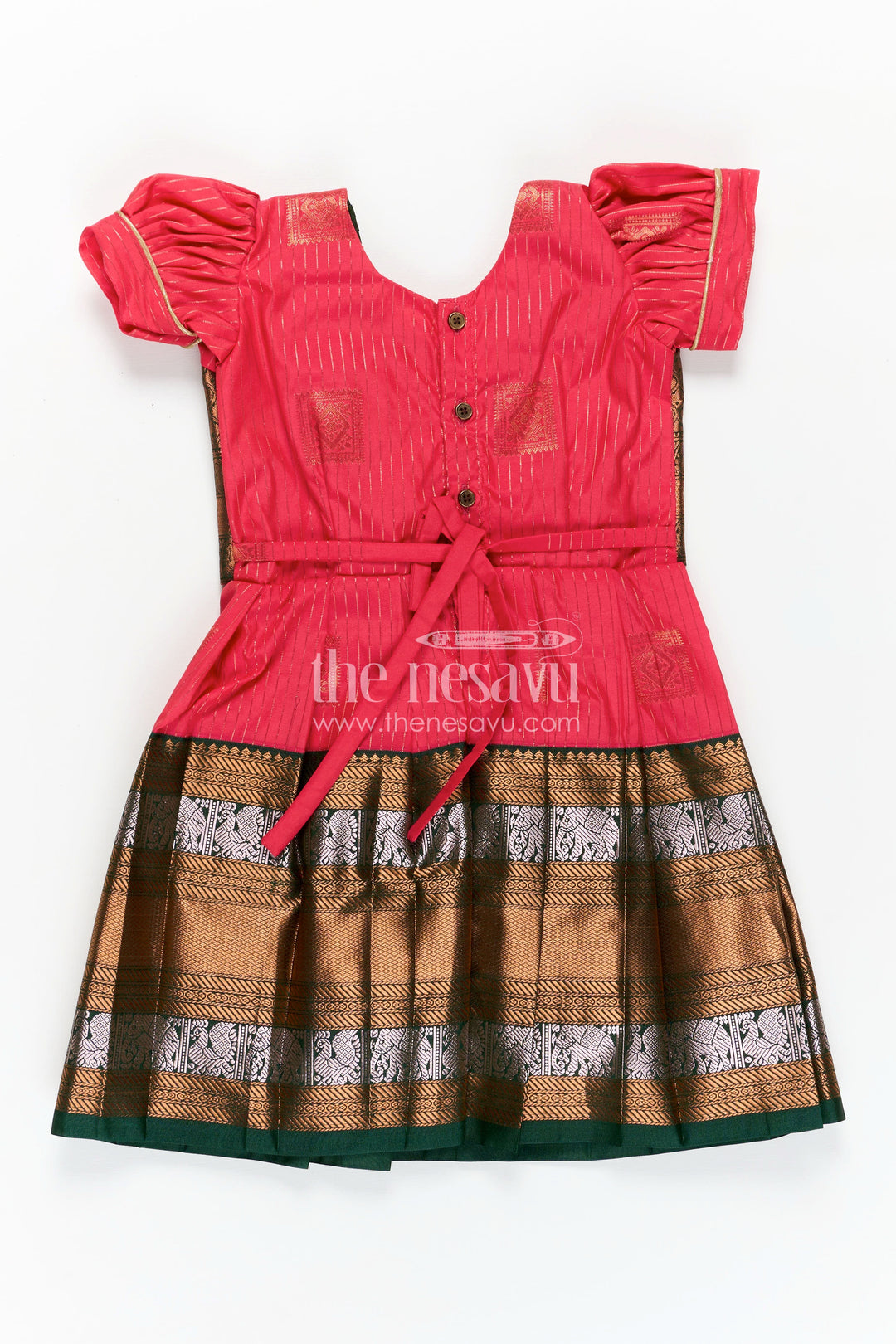 Pink Silk Kanchi Style Frock for Girls with Traditional Borders and Puff Sleeves