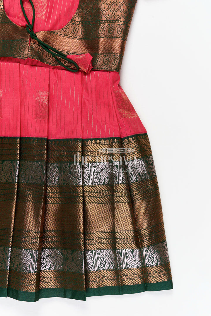 Pink Silk Kanchi Style Frock for Girls with Traditional Borders and Puff Sleeves