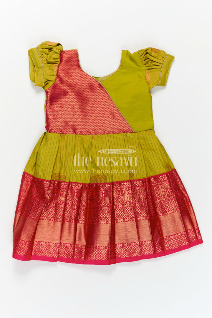 Model Frocks for Girls in Kanchi Silk with Color Block Pleats and Puff Sleeves