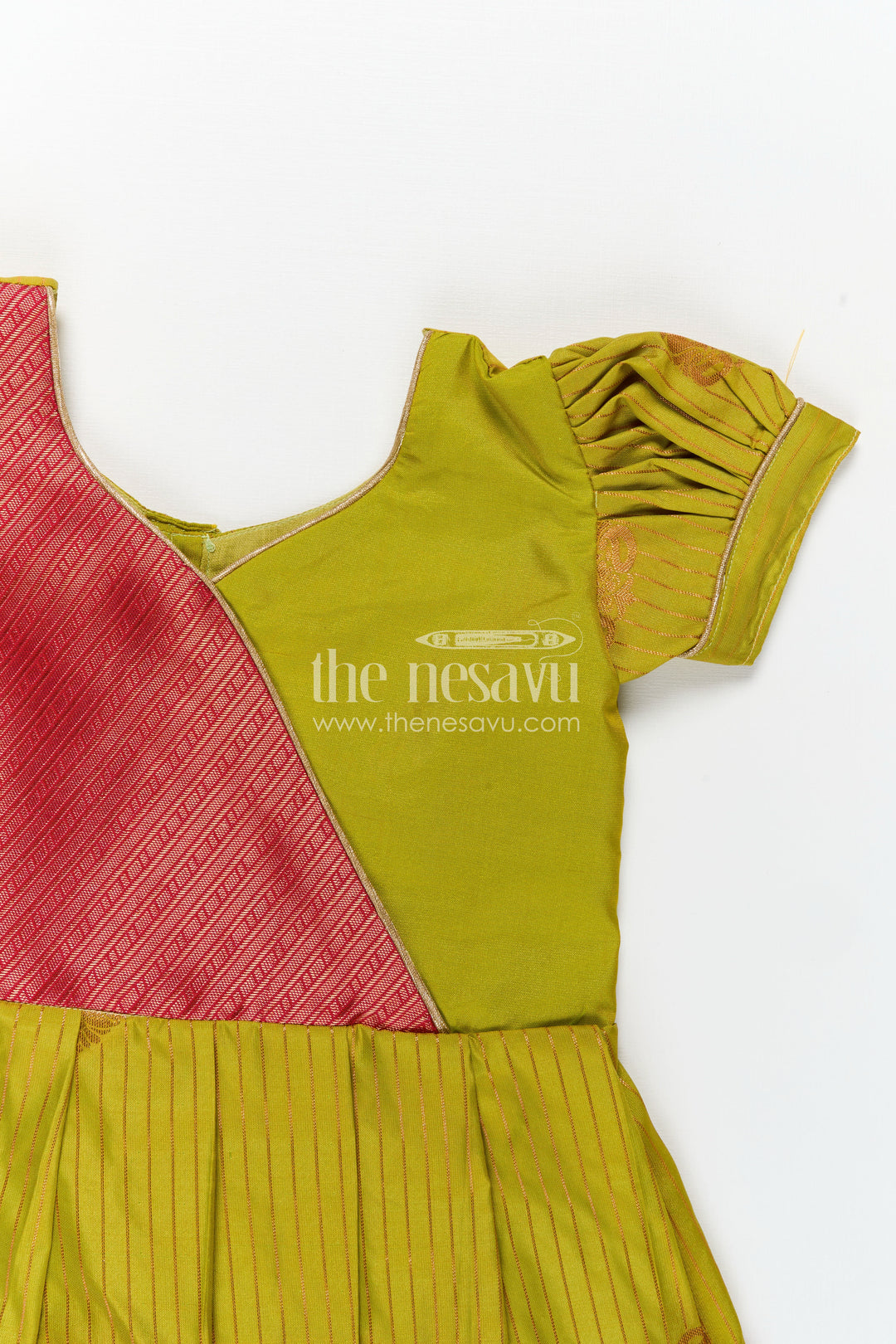 Model Frocks for Girls in Kanchi Silk with Color Block Pleats and Puff Sleeves