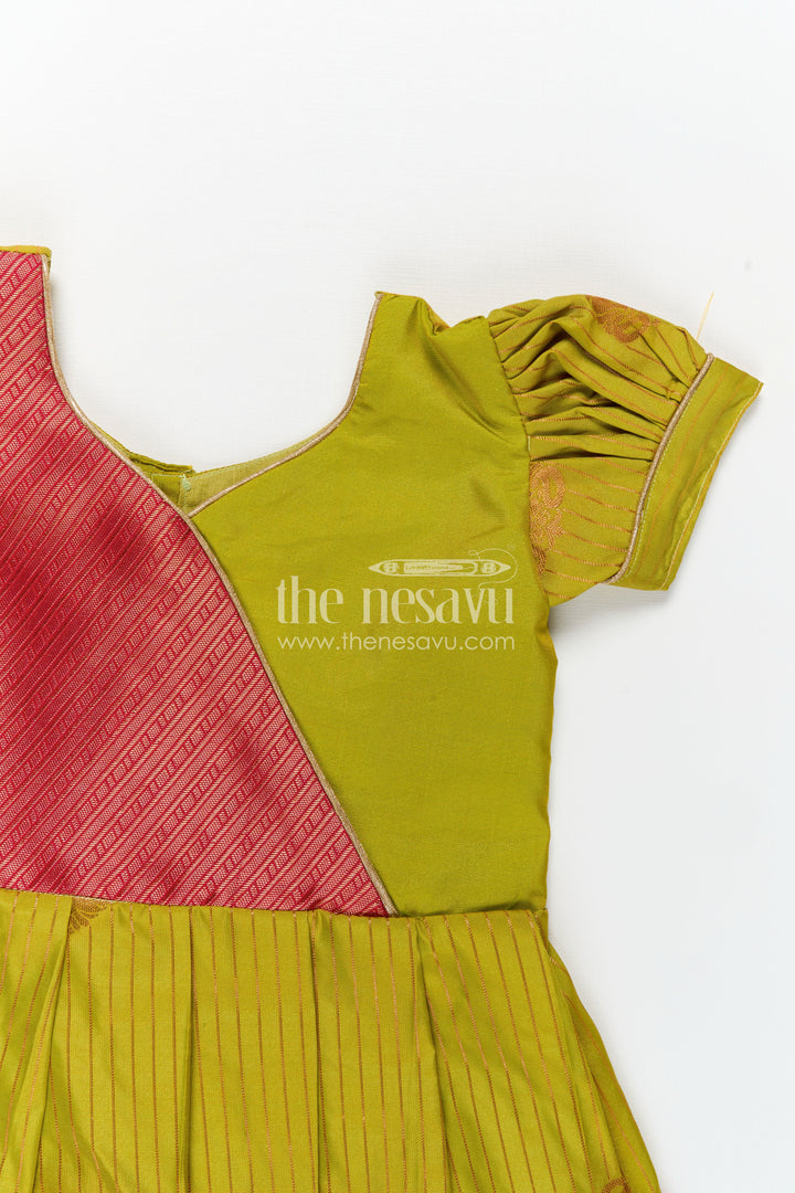 Model Frocks for Girls in Kanchi Silk with Color Block Pleats and Puff Sleeves