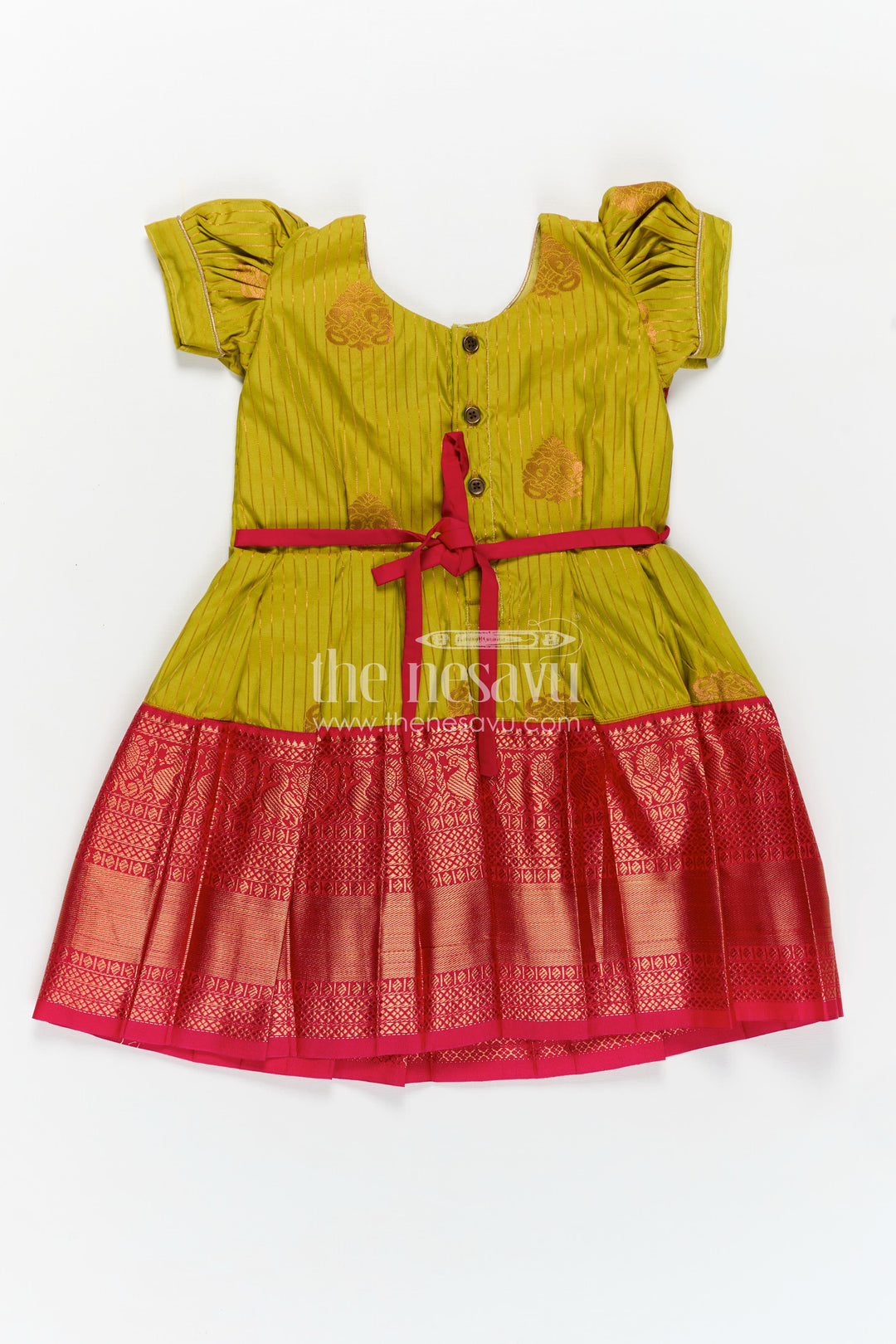 Model Frocks for Girls in Kanchi Silk with Color Block Pleats and Puff Sleeves