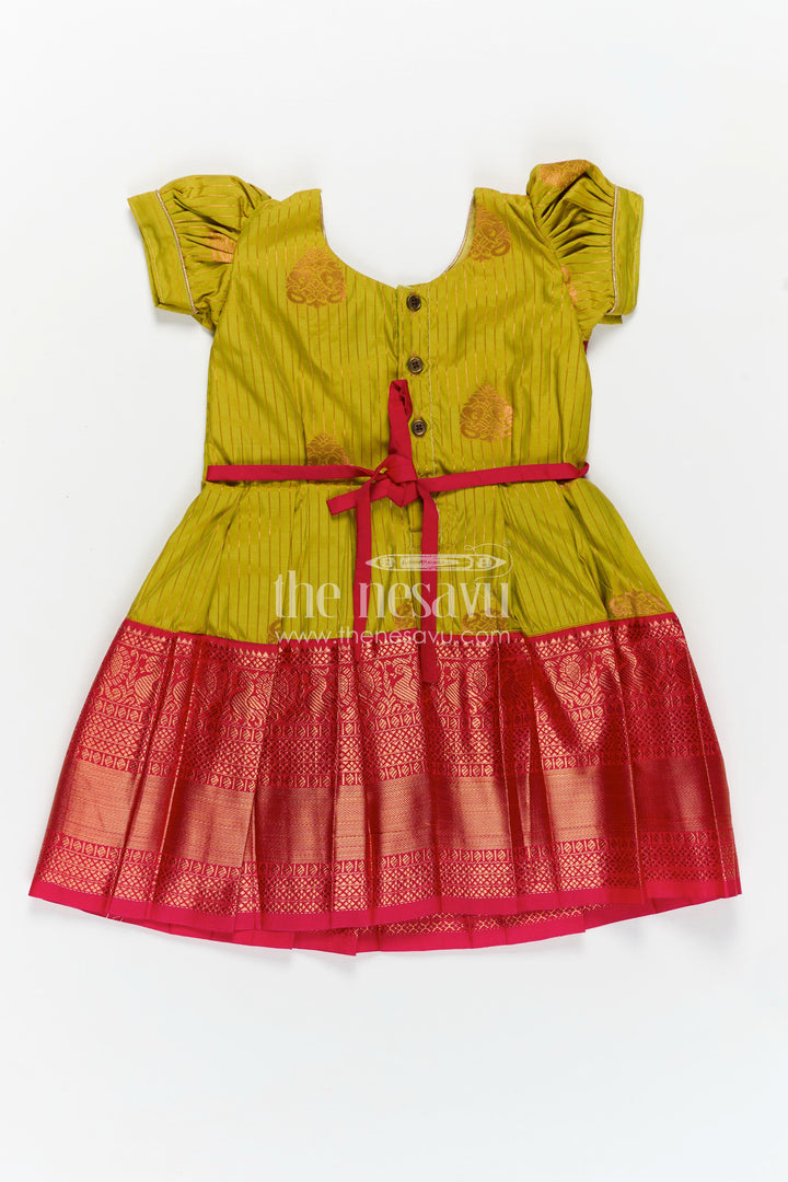 Model Frocks for Girls in Kanchi Silk with Color Block Pleats and Puff Sleeves