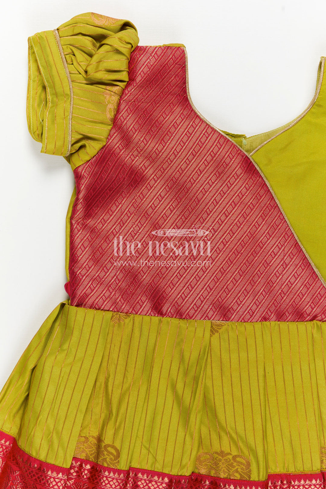 Model Frocks for Girls in Kanchi Silk with Color Block Pleats and Puff Sleeves