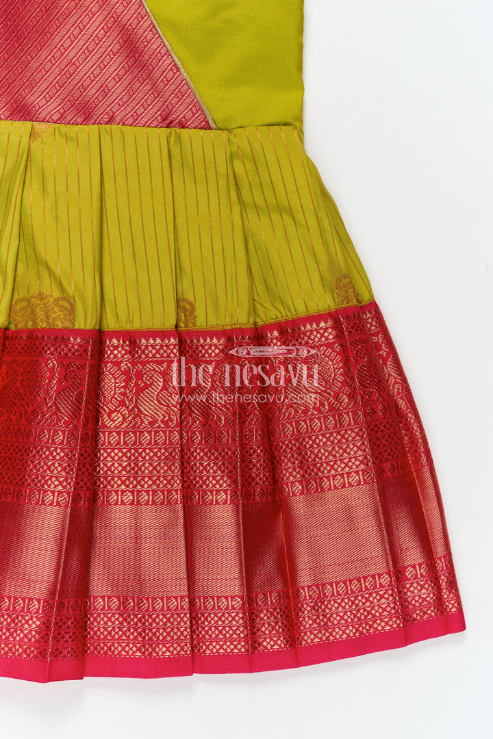 Model Frocks for Girls in Kanchi Silk with Color Block Pleats and Puff Sleeves