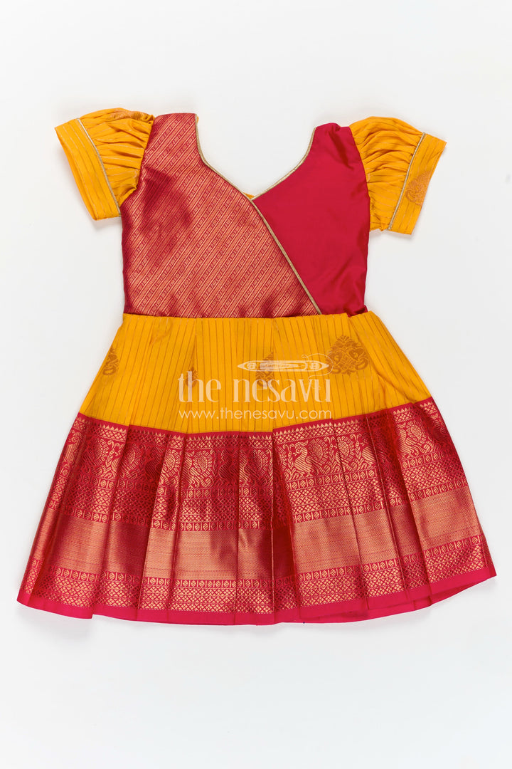 Long Frock Design for Girls in Kanchi Silk with Contrast Yoke and Traditional Zari Border