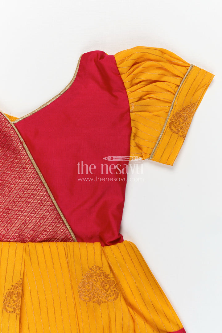 Long Frock Design for Girls in Kanchi Silk with Contrast Yoke and Traditional Zari Border