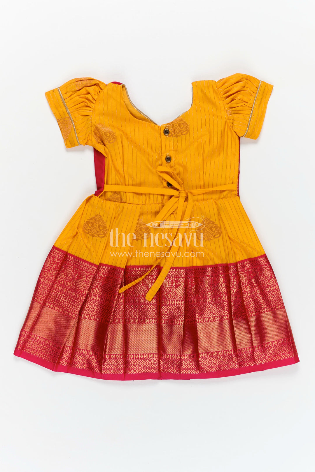 Long Frock Design for Girls in Kanchi Silk with Contrast Yoke and Traditional Zari Border