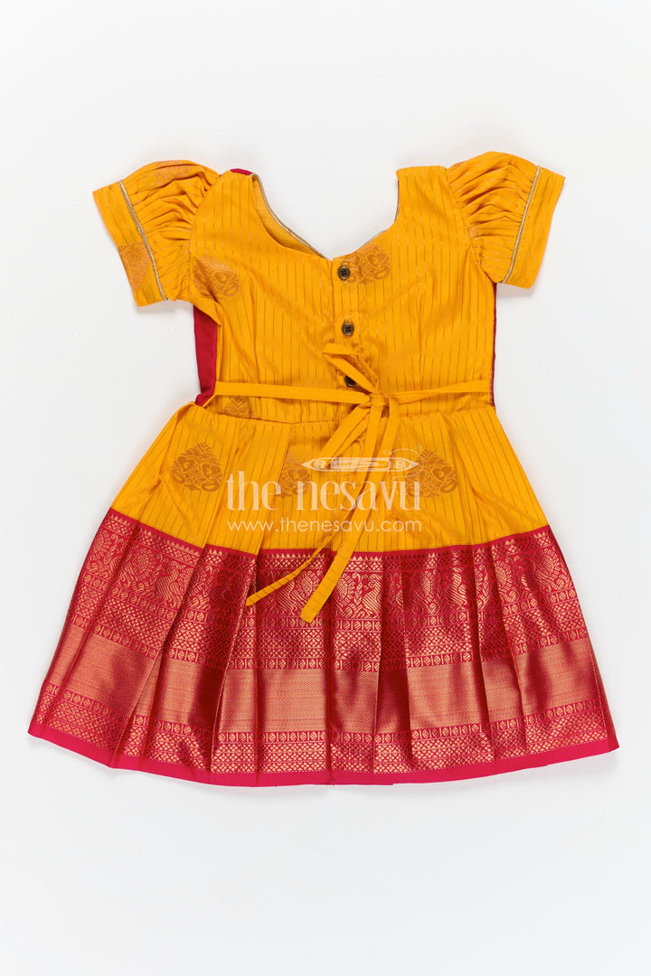 Long Frock Design for Girls in Kanchi Silk with Contrast Yoke and Traditional Zari Border