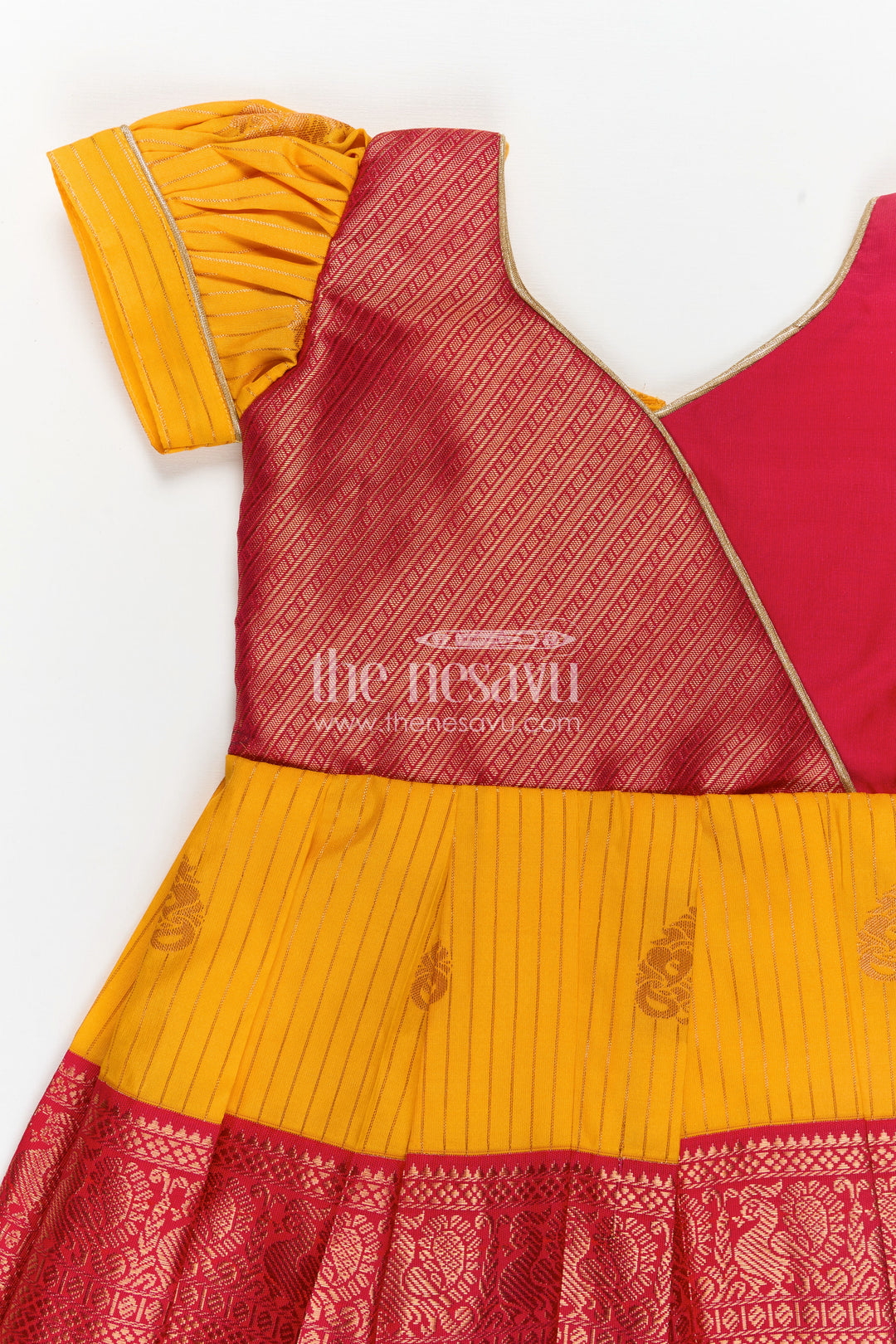 Long Frock Design for Girls in Kanchi Silk with Contrast Yoke and Traditional Zari Border
