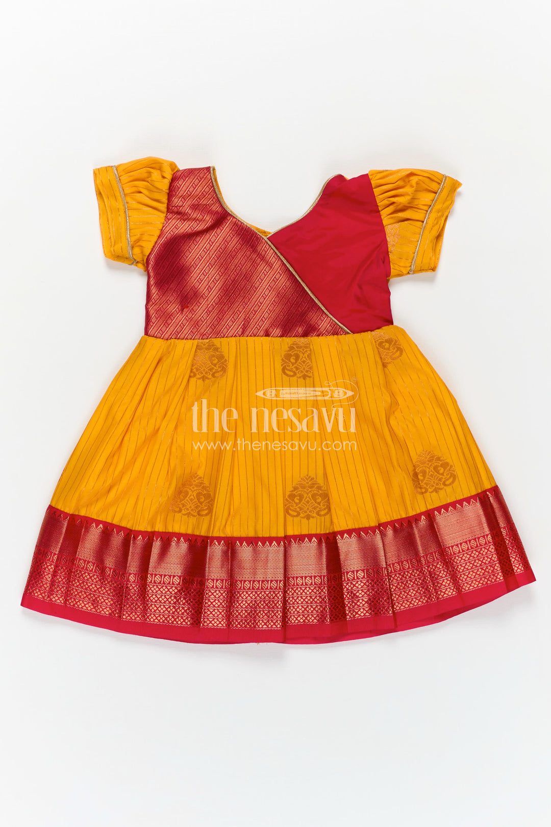 Long Frock Design for Girls in Kanchi Silk with Contrast Yoke and Traditional Zari Border